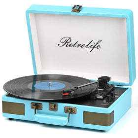 Retrolife front view suitcase turntable showing controls and vintage look, easy portable listening