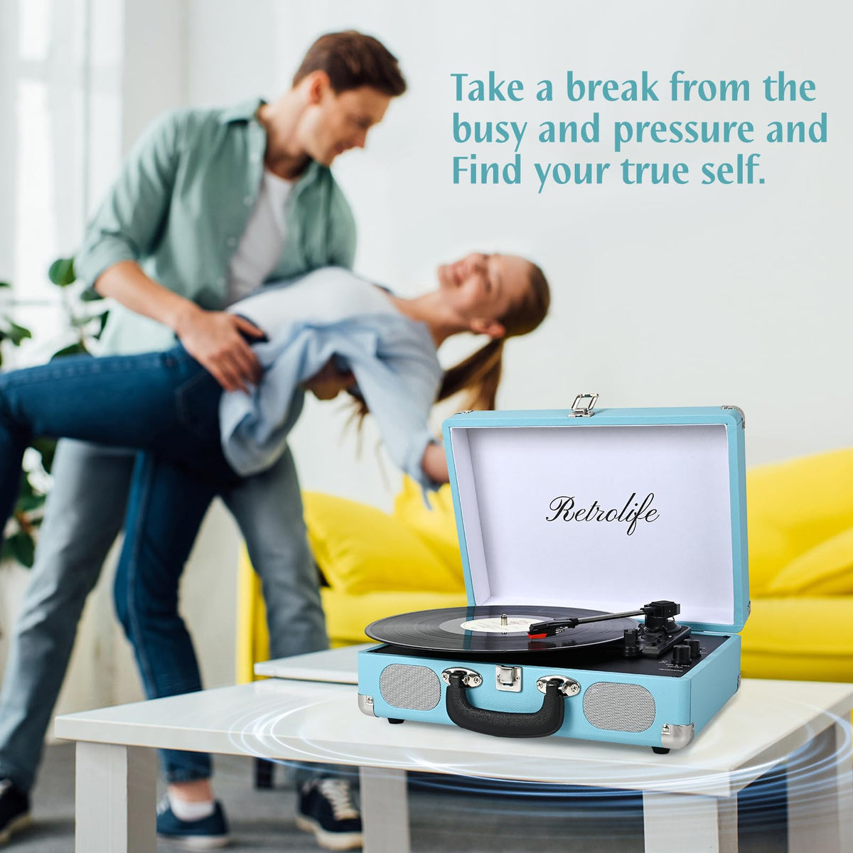 Retrolife in a living room on a shelf with records, enhances home decor and listening benefit