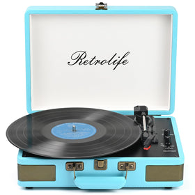 Retrolife lifestyle scene with record and player showing relaxed vinyl listening experience