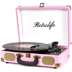 Retrolife pink suitcase turntable with portable, retro-inspired design for on-the-go listening