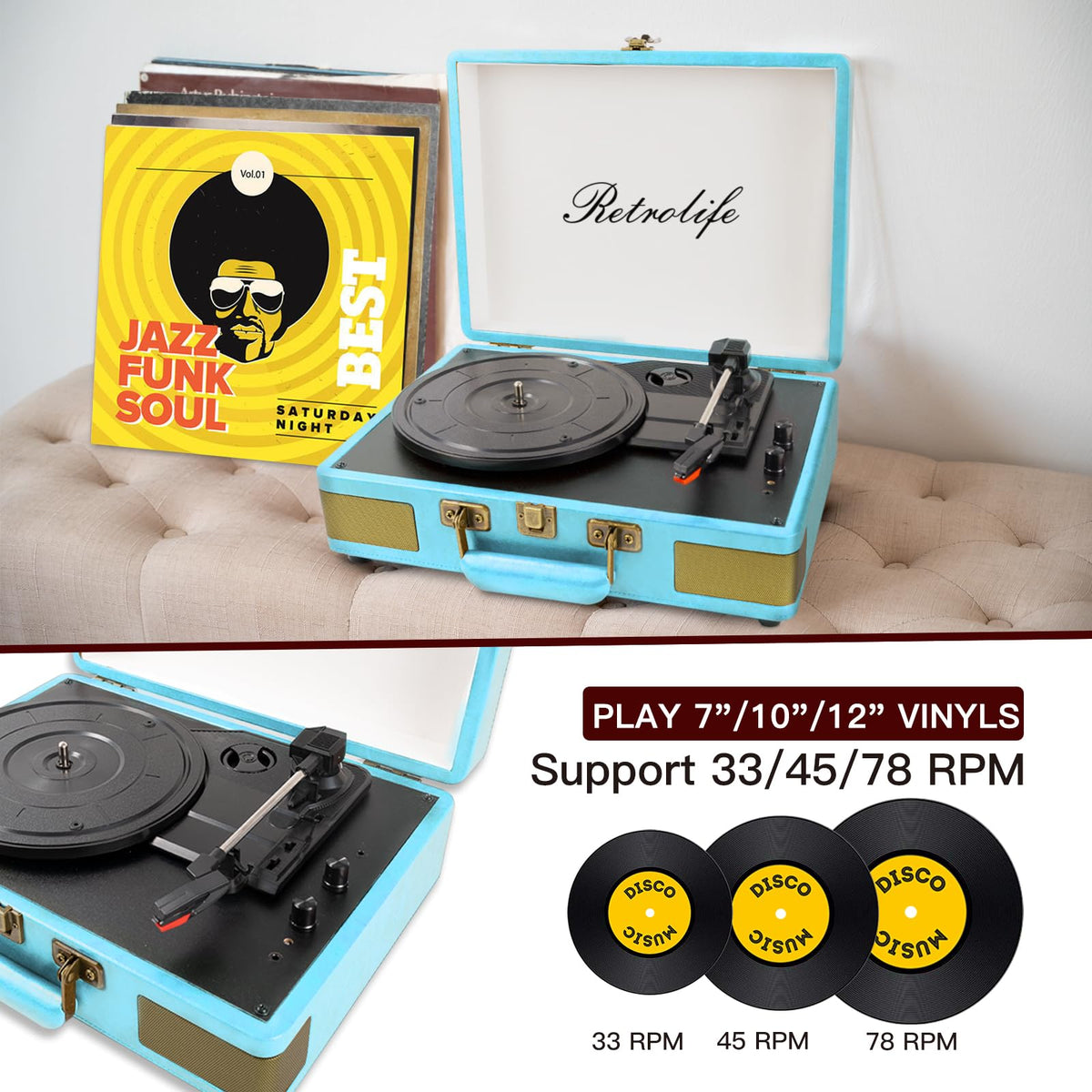 Retrolife platter and tonearm top-down view showing record placement and precise playback