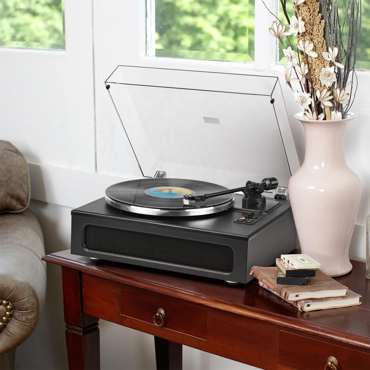 Retrolife playing vinyl in a living room delivering room-filling audio
