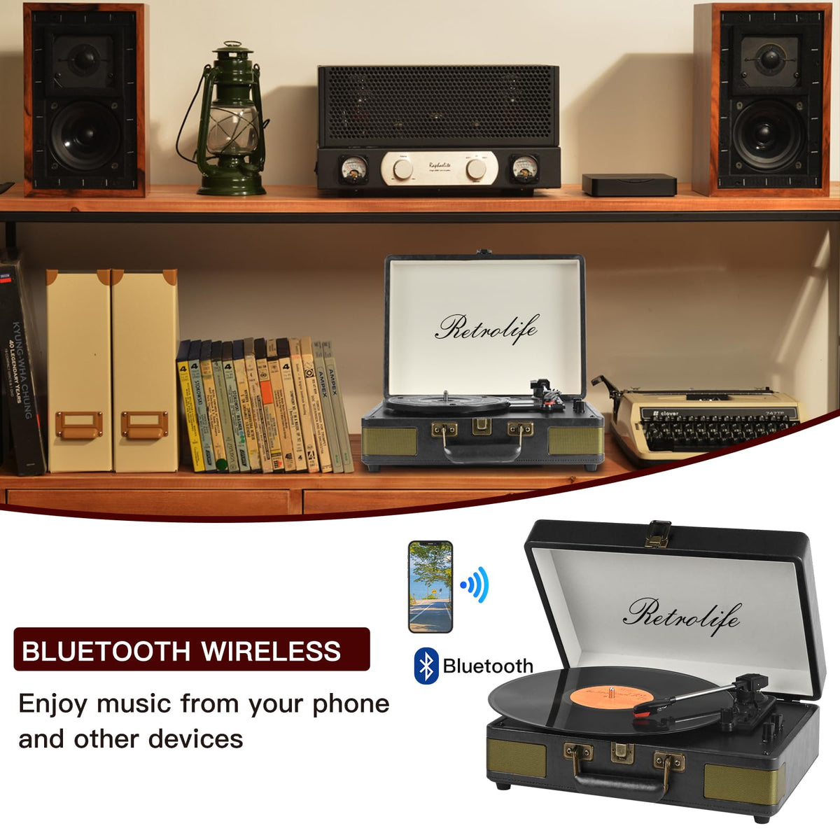 Retrolife portable suitcase design with built-in handle for on-the-go listening