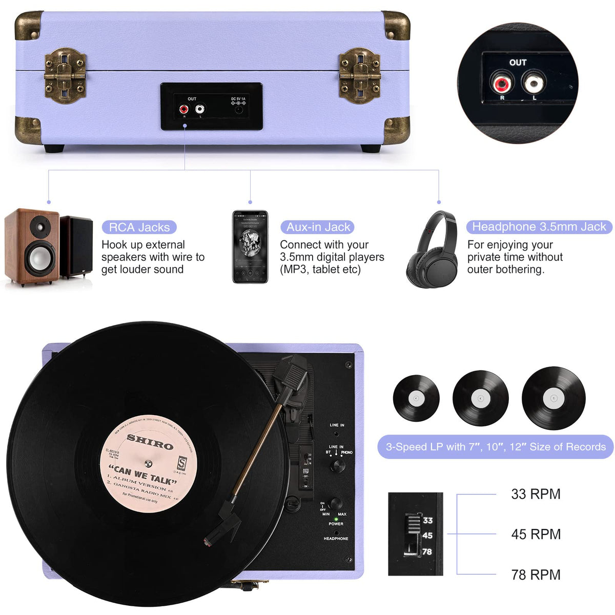 RCA line out option to attach external speakers for larger sound