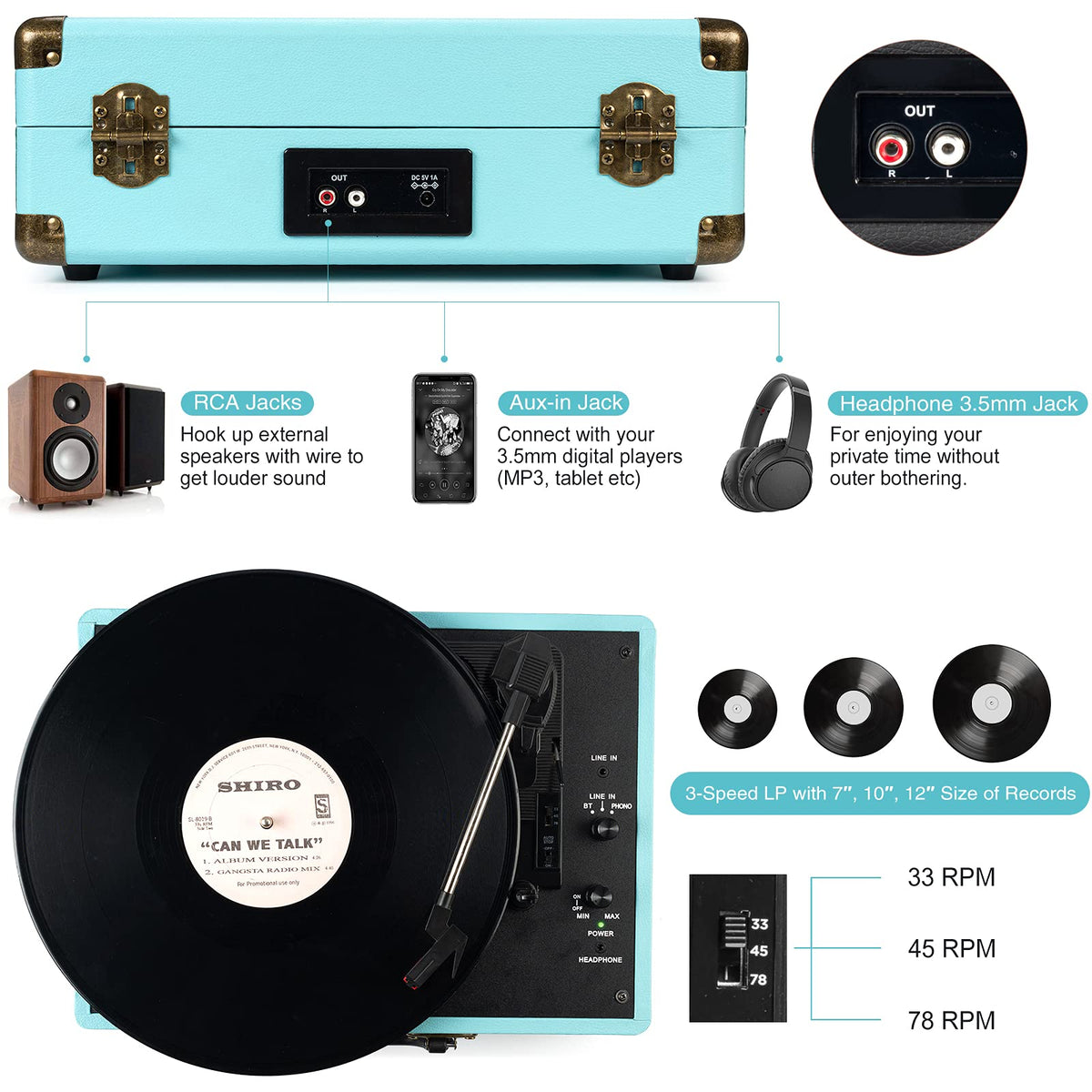 Retrolife RCA line-out and aux-in offer flexible external speaker options