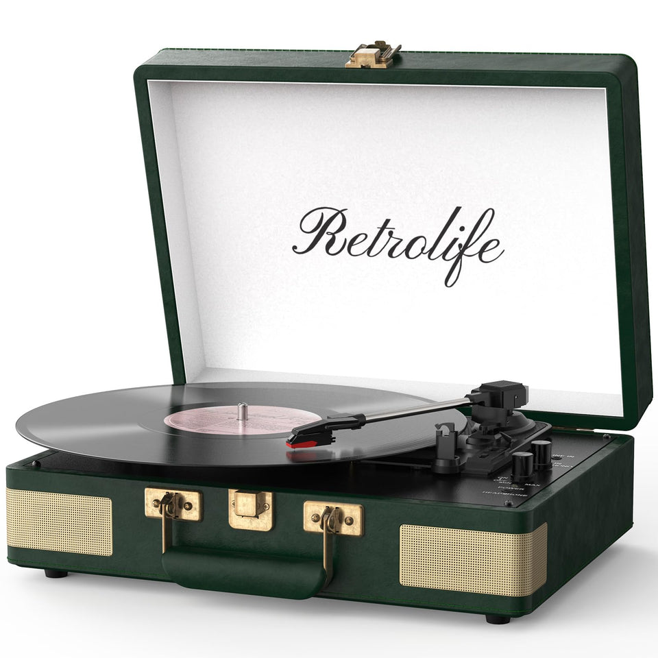 Retrolife record player with 3-speed belt-driven turntable for versatile vinyl playback