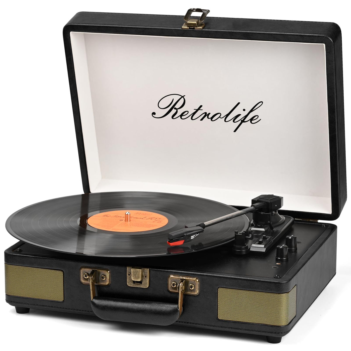 Retrolife record player with belt-driven three-speed turntable for versatile vinyl sizes