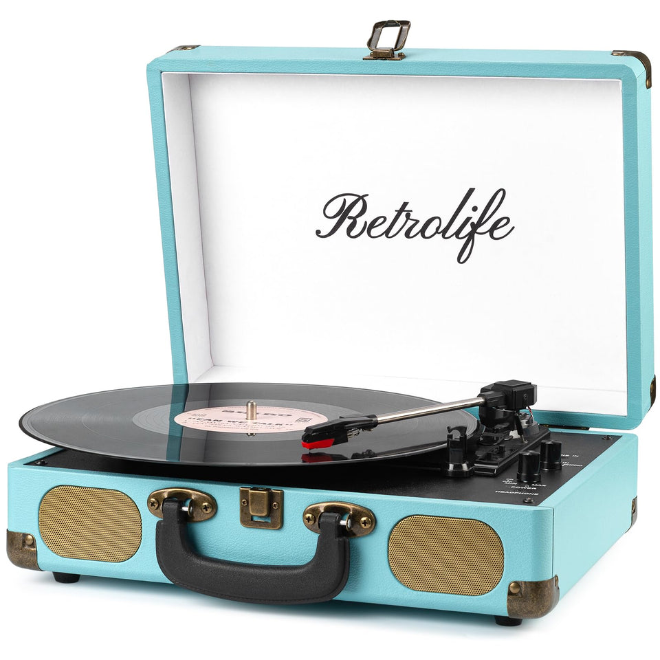Retrolife record player blue front view, portable suitcase design for on-the-go listening