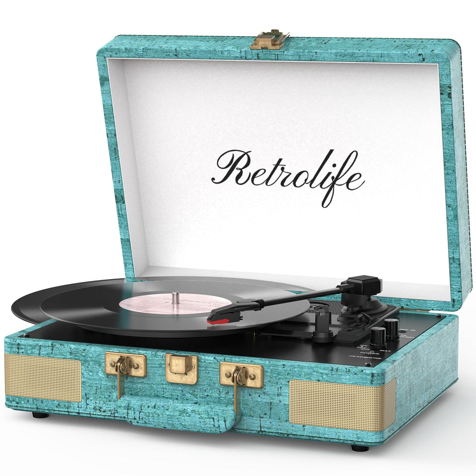 Retrolife record player in brown PU leather case for on-the-go listening