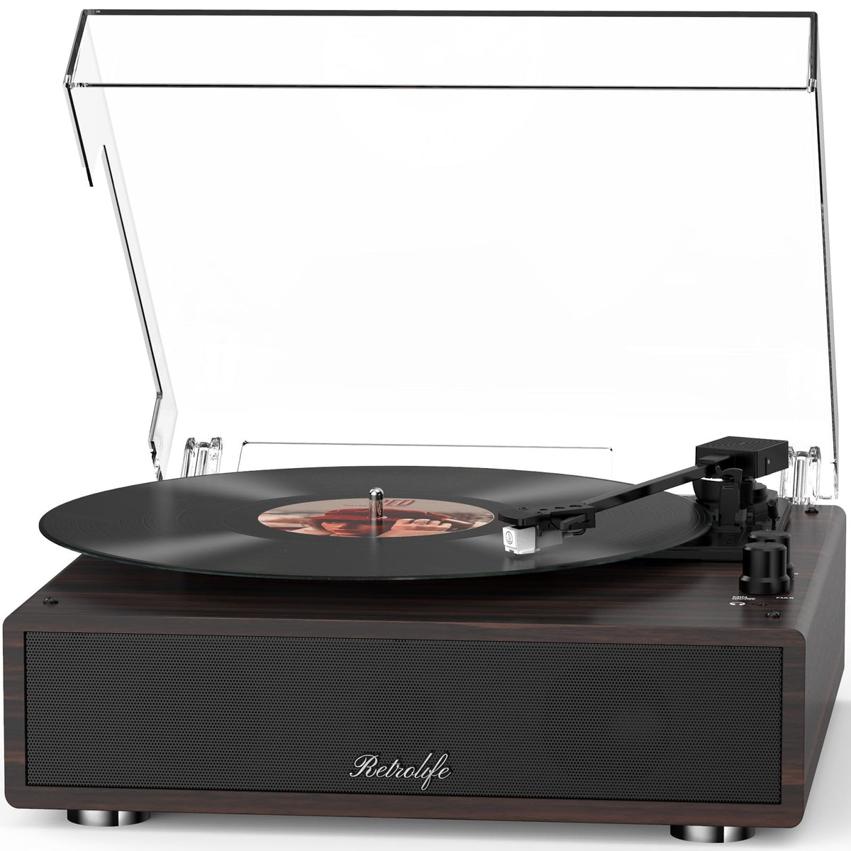 Retrolife record player front view showing built-in speakers and walnut-red finish for quick setup