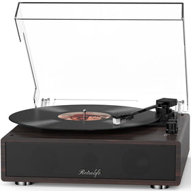 Retrolife record player front view showing built-in speakers and walnut-red finish for quick setup