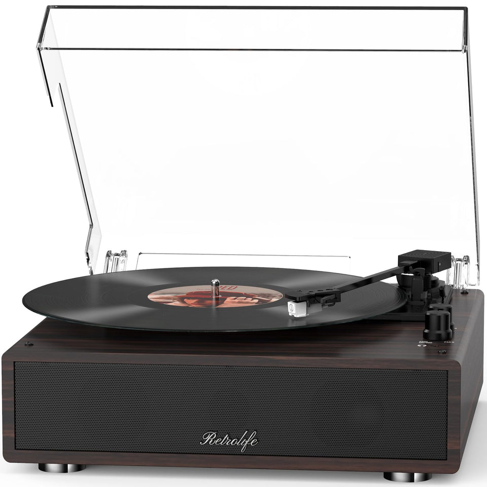 Retrolife record player front view showing built-in speakers and walnut-red finish for quick setup