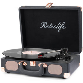 Retrolife record player portable suitcase in black, front view for on-the-go listening
