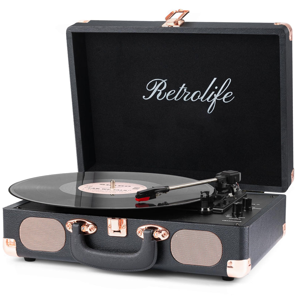 Retrolife record player portable suitcase in black, front view for on-the-go listening