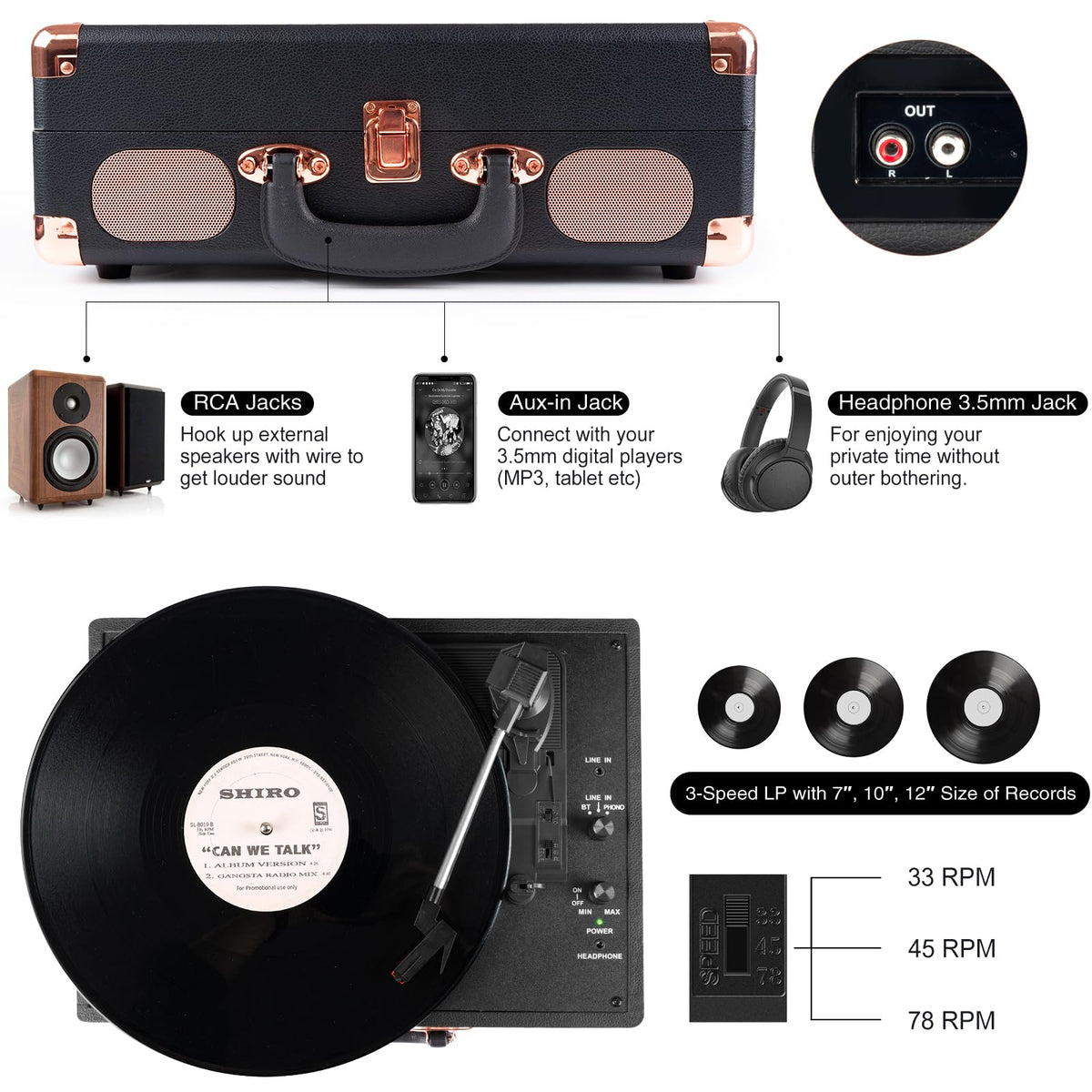 Retrolife three-speed dial demonstrating 33/45/78 RPM compatibility