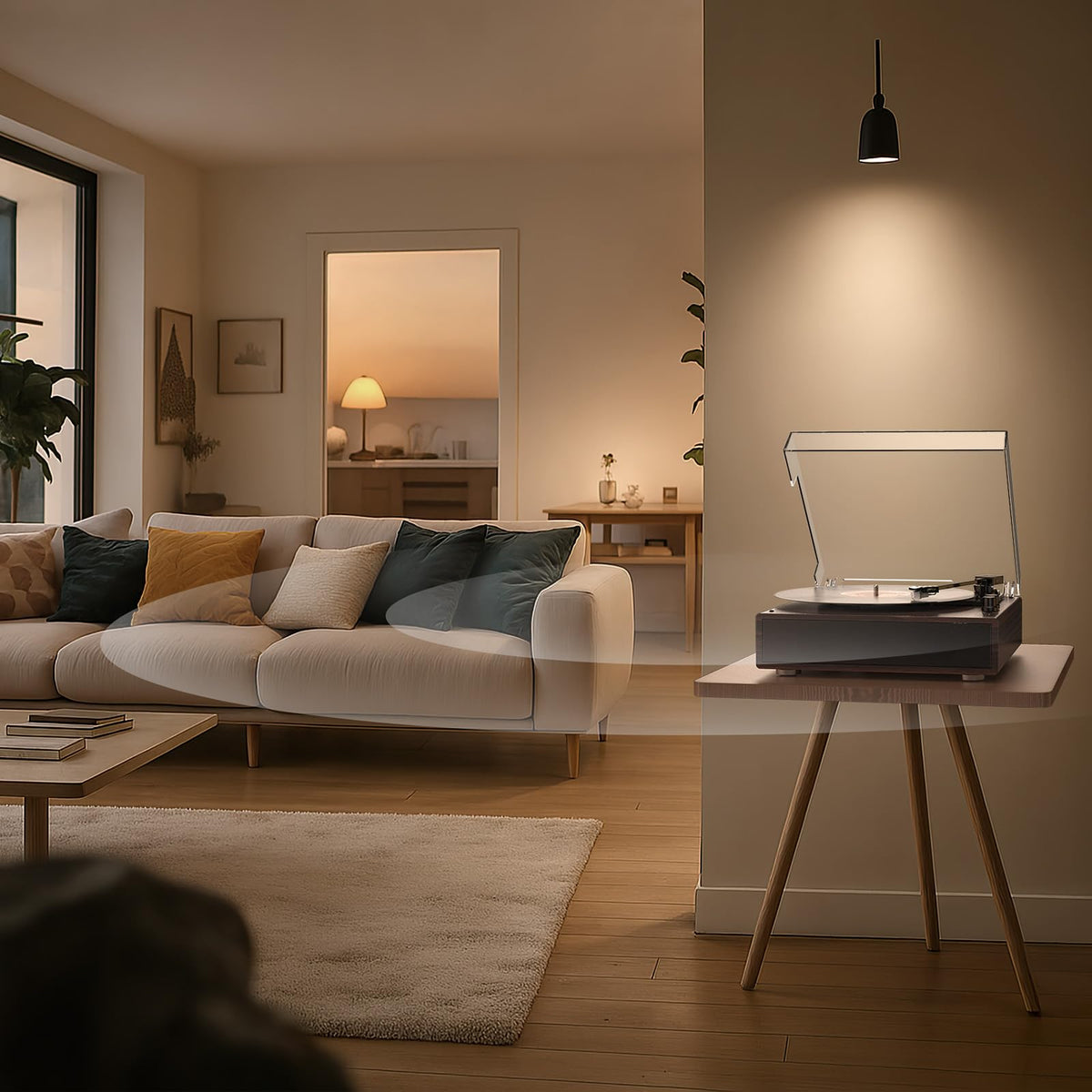 Walnut finish of the Retrolife record player in a stylish room setup