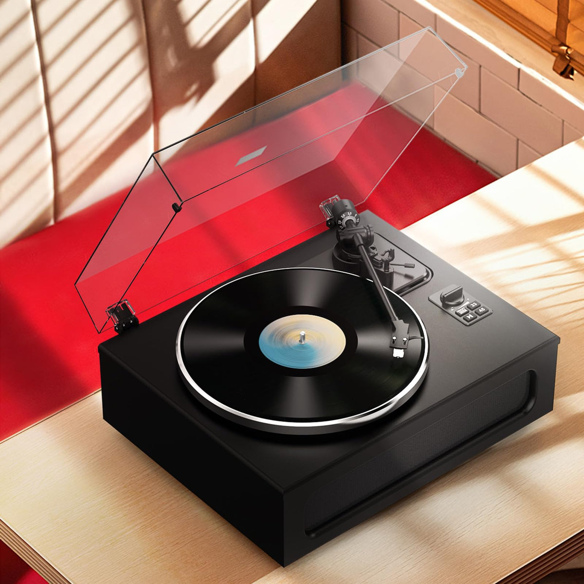 Retrolife next to record sleeve for scale and compact footprint