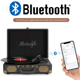 Retrolife suitcase turntable with lid open showing compact design for travel