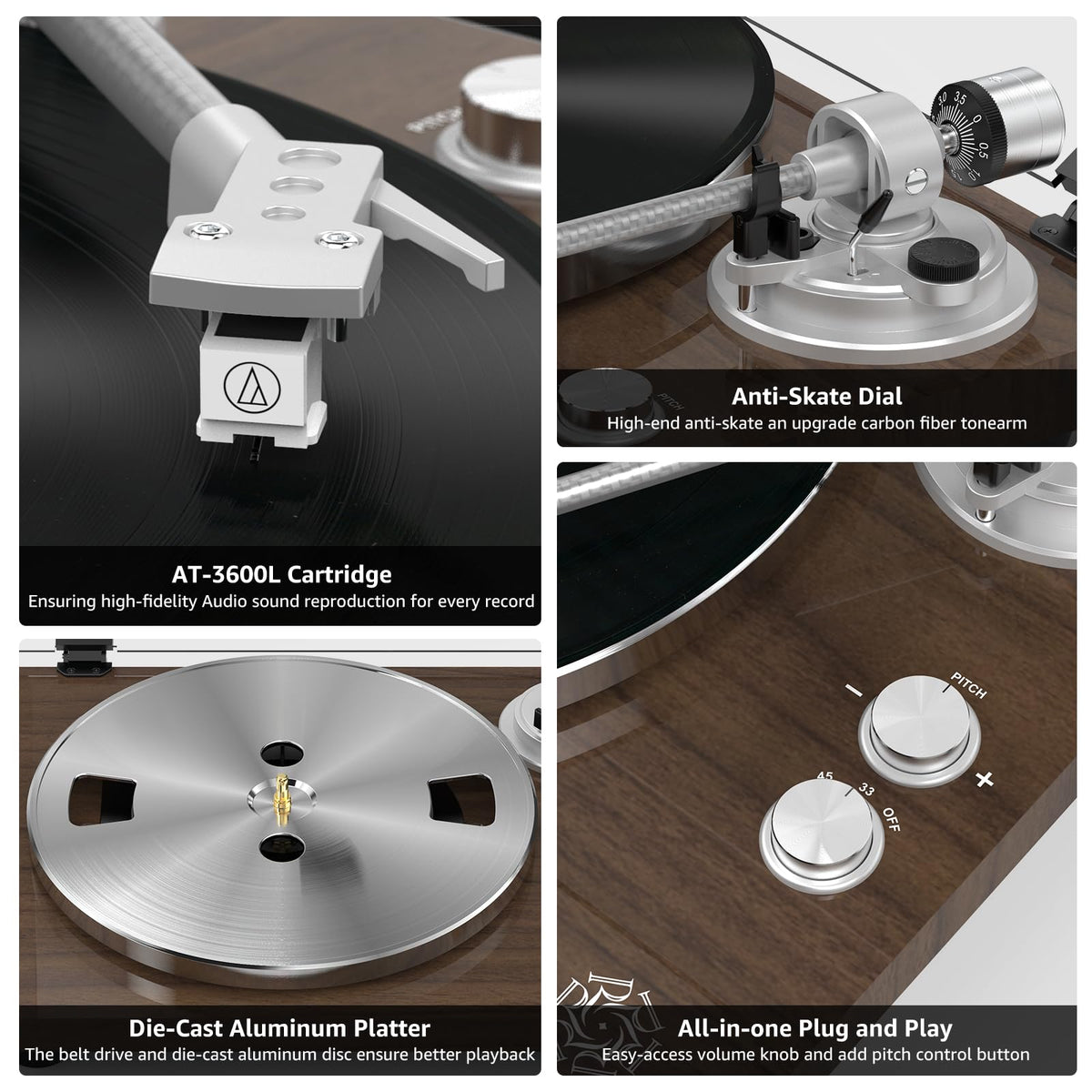 Close view of Retrolife carbon fiber tonearm reducing vibration