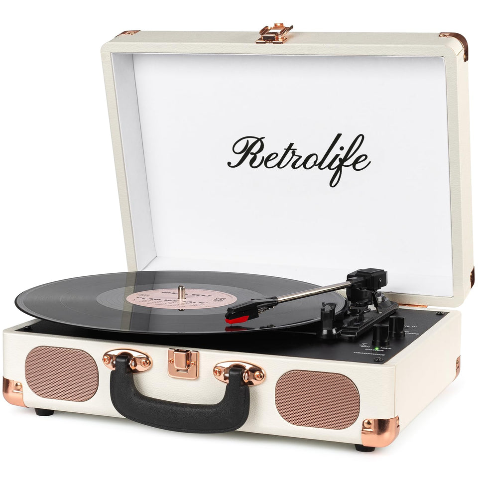 Retrolife turntable suitcase vintage white front view for portable music on the go.