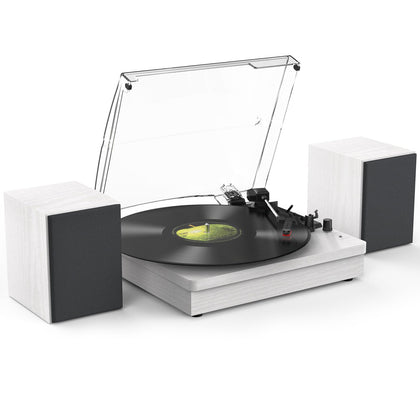 Retrolife vinyl player with dual speakers front view showing stereo setup and design