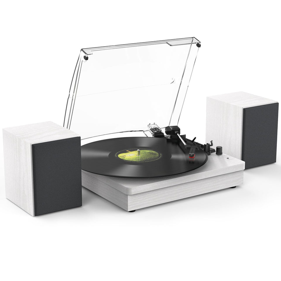 Retrolife vinyl player with dual speakers front view showing stereo setup and design