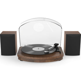 Retrolife vinyl player front view showing retro-modern design and dual speakers.