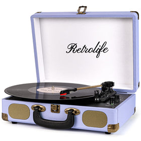 Retrolife vinyl record player in a portable suitcase with built-in speakers for easy home listening