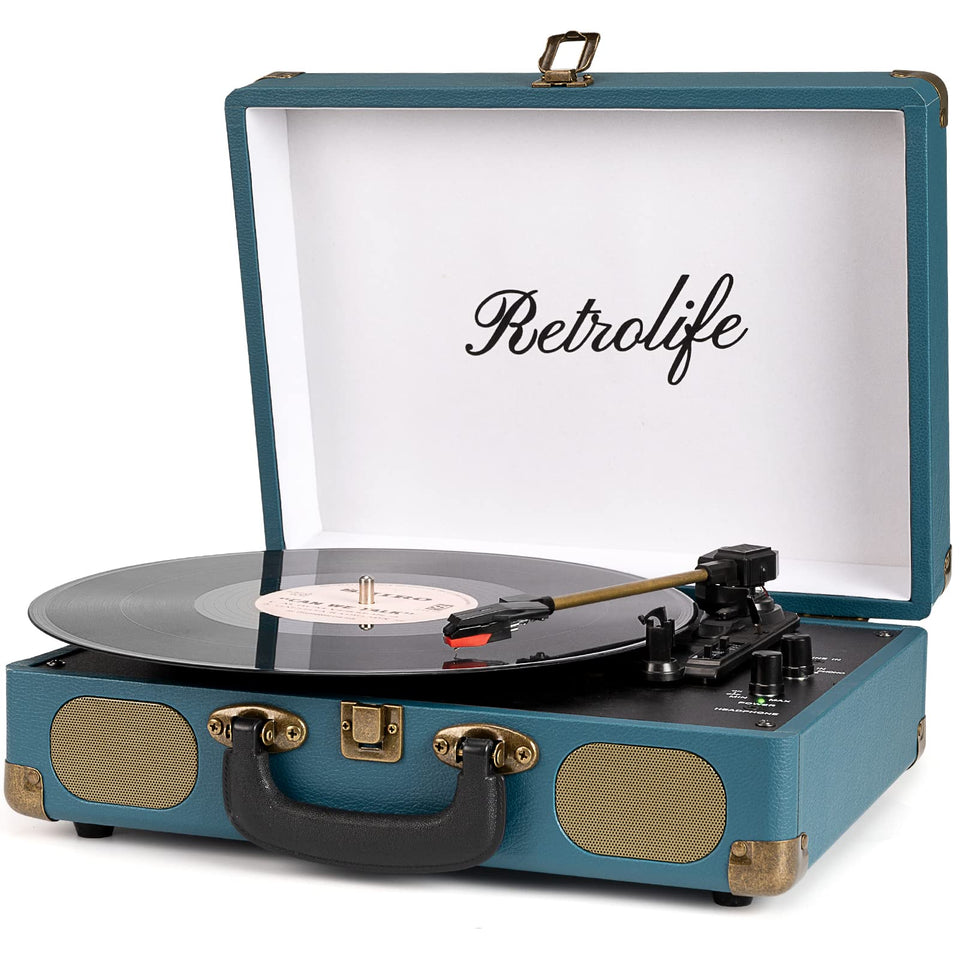 Retrolife vinyl record player coral blue front view for stylish home listening