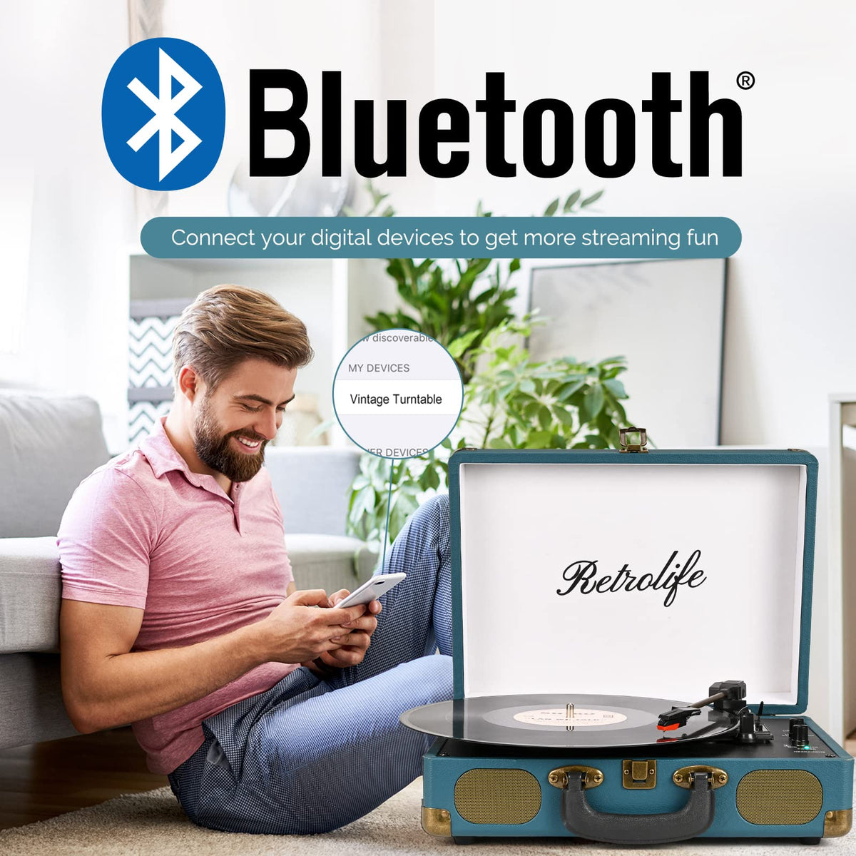 Retrolife coral blue vinyl player open case ready for portable use