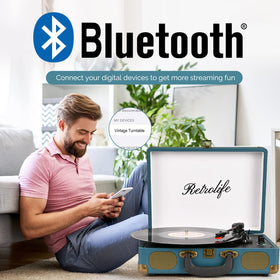 Retrolife coral blue vinyl player open case ready for portable use