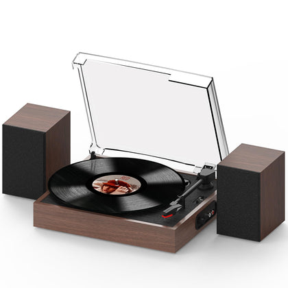 Retrolife vinyl record player front view in walnut finish, compact and stylish.