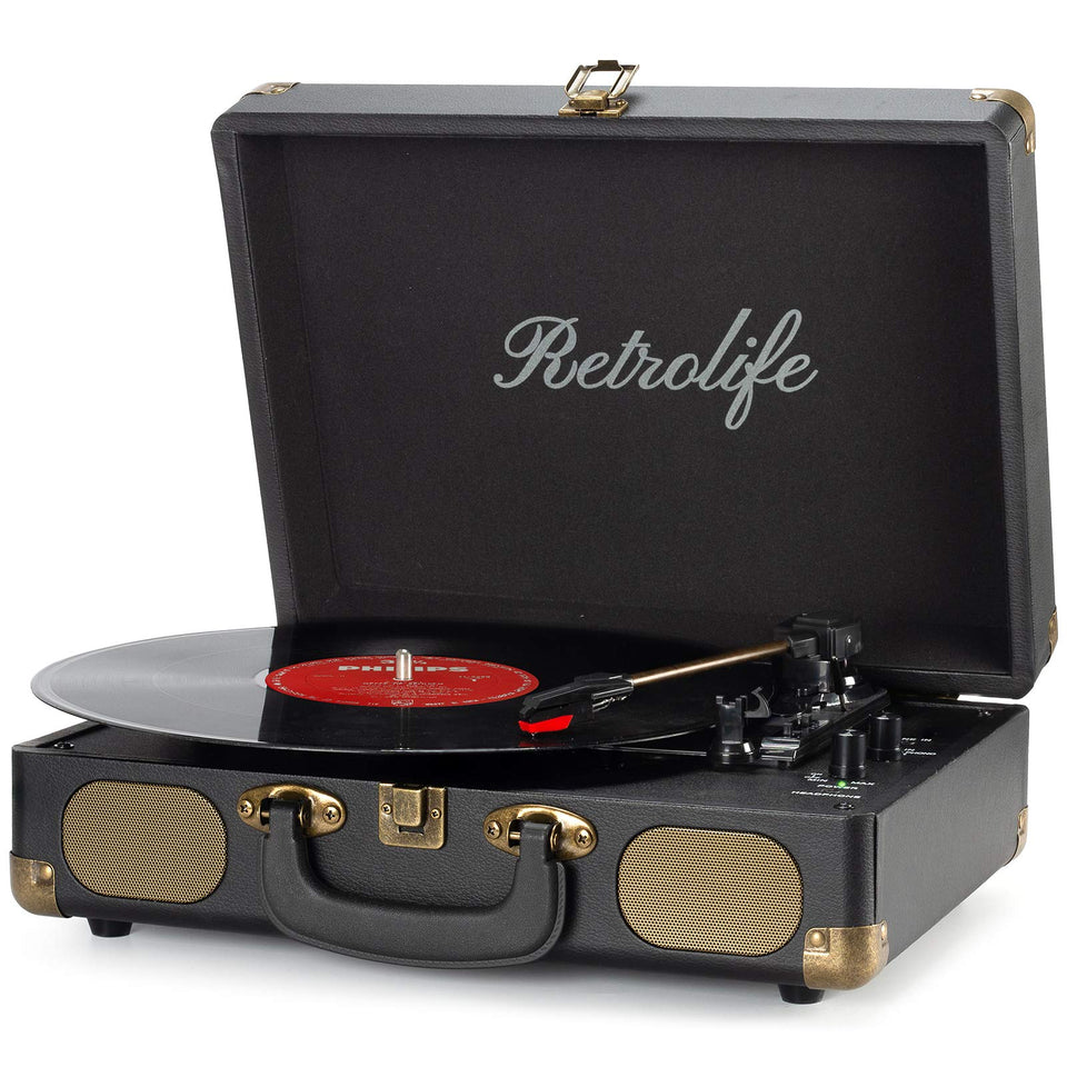 Retrolife vinyl record player suitcase front view for portable listening