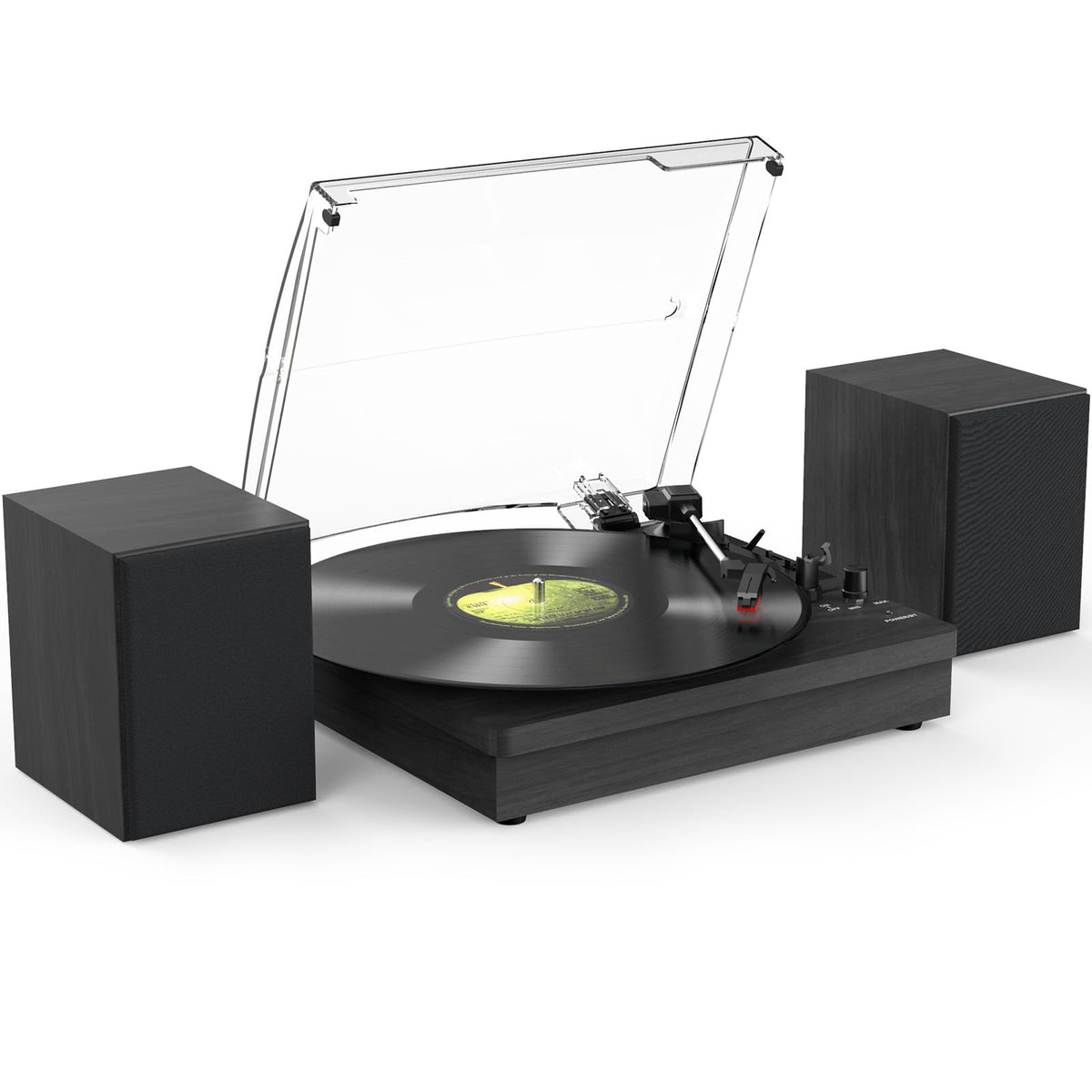 Retrolife vinyl record player with two speakers, immersive stereo sound for living rooms.