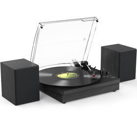 Retrolife vinyl record player with two speakers, immersive stereo sound for living rooms.