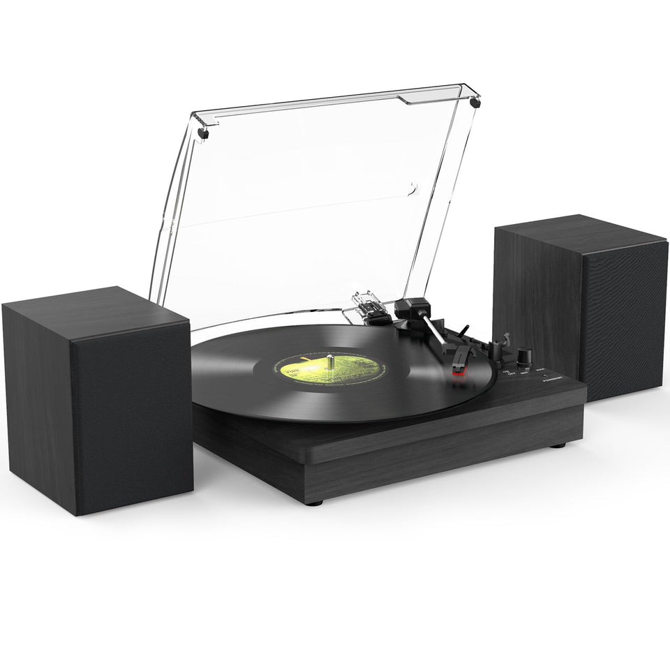 Retrolife vinyl record player with two speakers, immersive stereo sound for living rooms.
