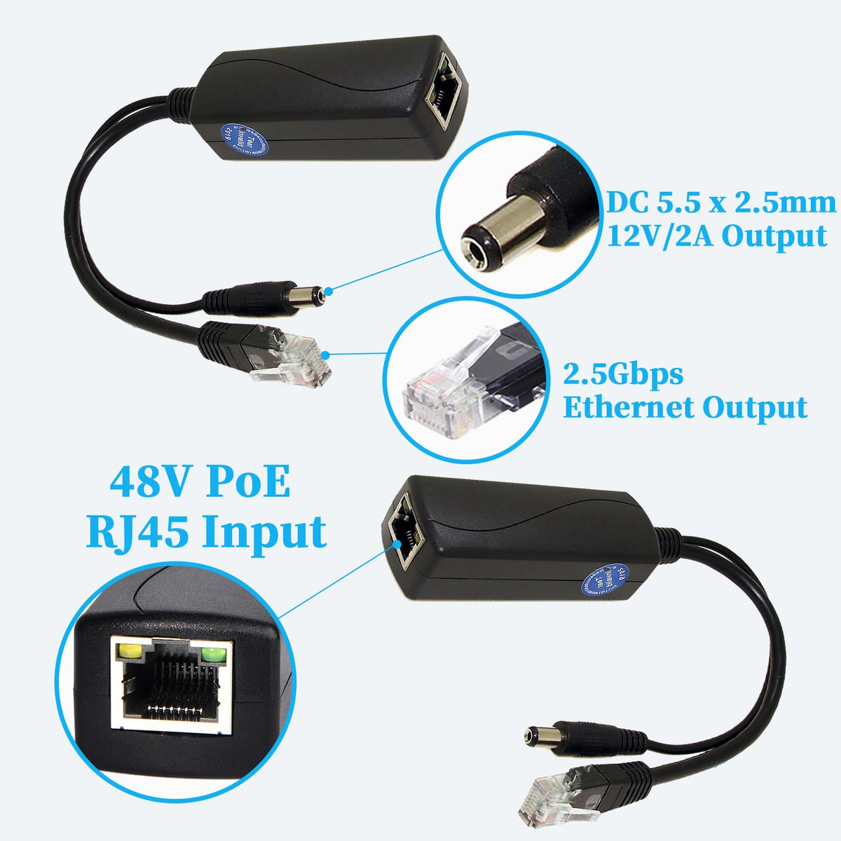 REVODATA DC plug close-up showing 5.5x2.5mm jack for safe 12V/2A power delivery