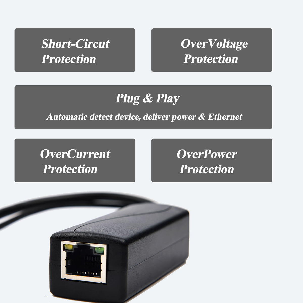 REVODATA PoE splitter powering an IP camera demonstrating easy setup and dependable power