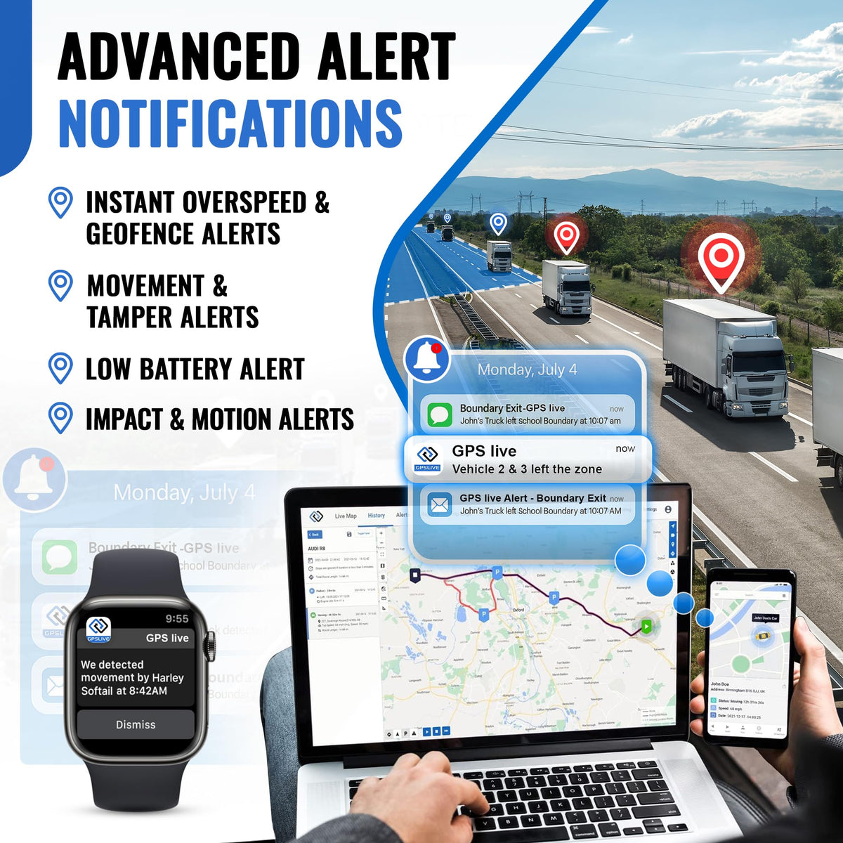 REWIRE SECURITY 104-Pro geofence alerts for ignition and movement events.
