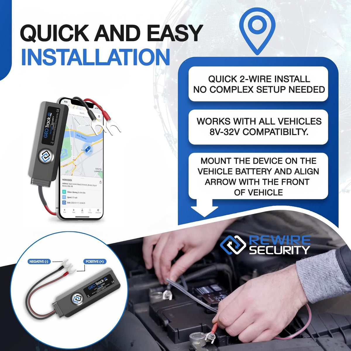 REWIRE SECURITY Geo Track Mini wiring closeup highlighting two-wire battery install convenience