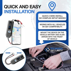 REWIRE SECURITY Geo Track Mini wiring closeup highlighting two-wire battery install convenience