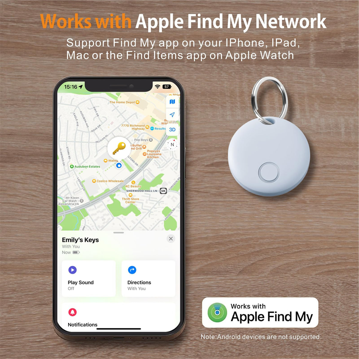Reyke Air Tracker 4-Pack keychain shows key location via Find My network.