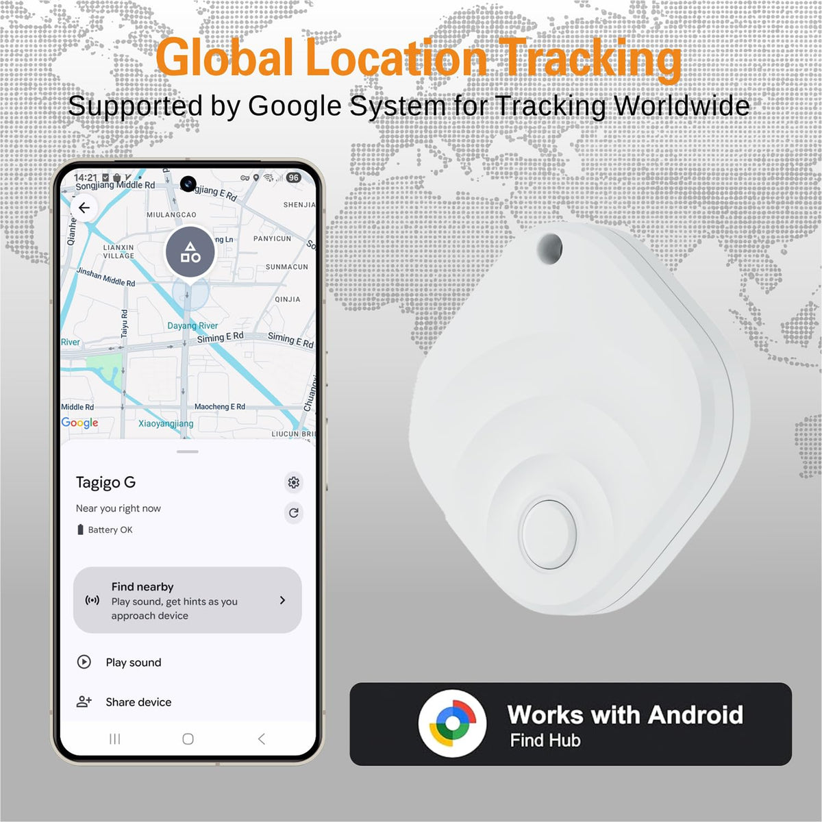 Reyke Android Air Tracker app screen emphasizes seamless Google Find My Device integration.