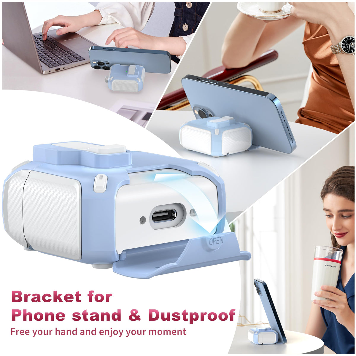 R-fun AirPods 4 Gen case blue white dust port design keeps charging area clean.