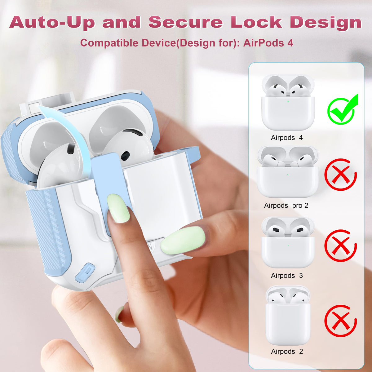 R-fun AirPods 4 Gen case blue white open, built-in stand in action.