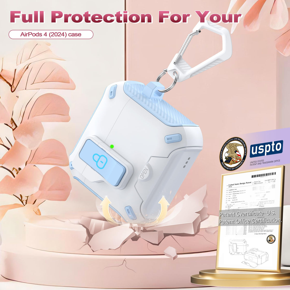 R-fun AirPods 4 Gen case blue white stand feature for hands-free viewing.