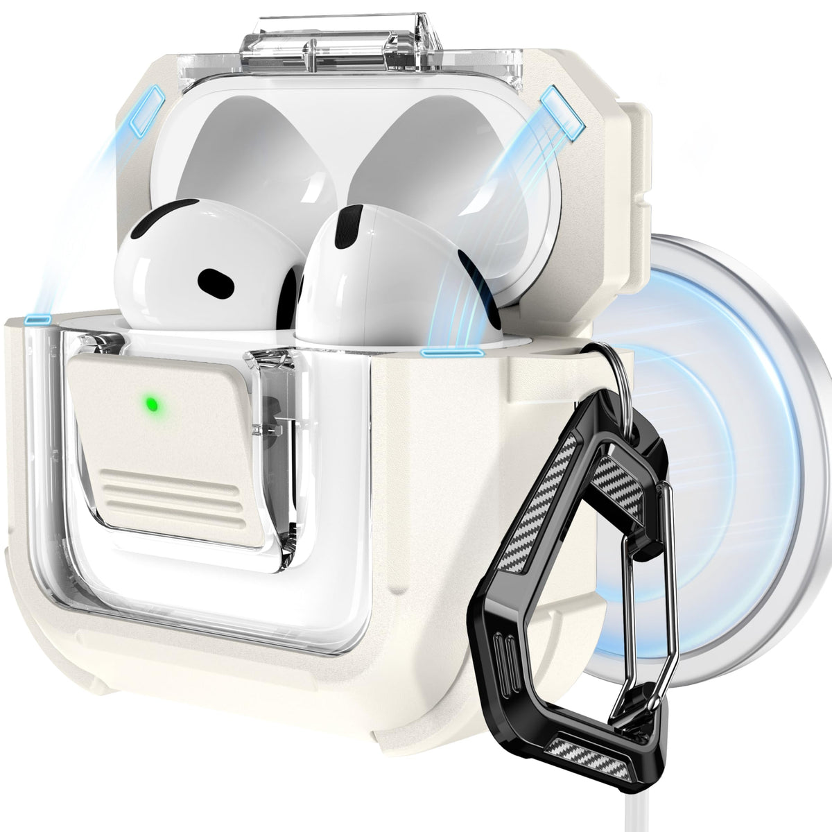 RFUNGUANGO AirPods 4 case with front LED visible, easy access and MagSafe compatibility.