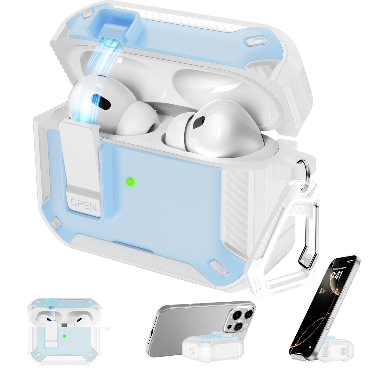 RFUNGUANGO AirPods Pro 2 case with phone holder for on-the-go viewing.