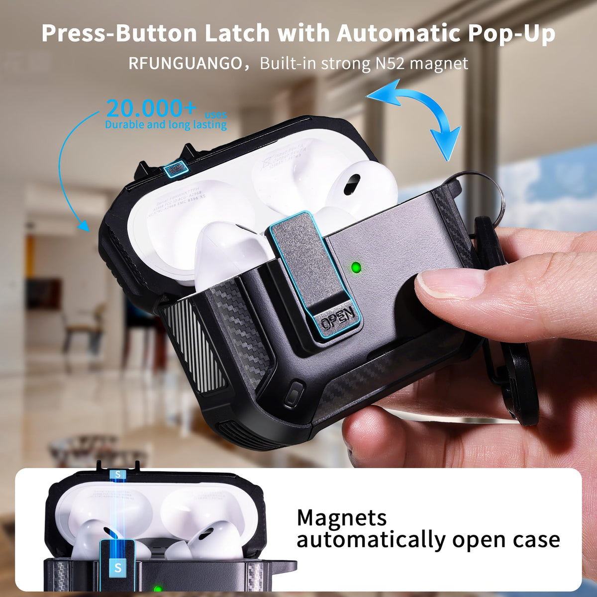RFUNGUANGO AirPods Pro 2 case back view highlights MagSafe compatibility.
