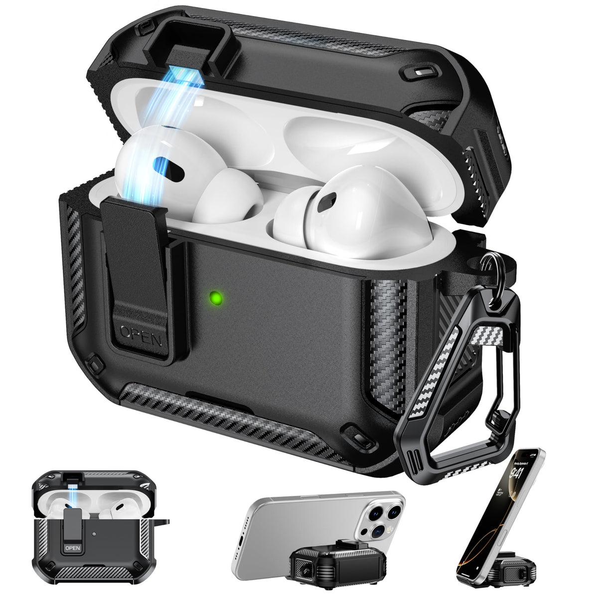 RFUNGUANGO AirPods Pro 2 case front view with black finish, showcasing sleek protection.